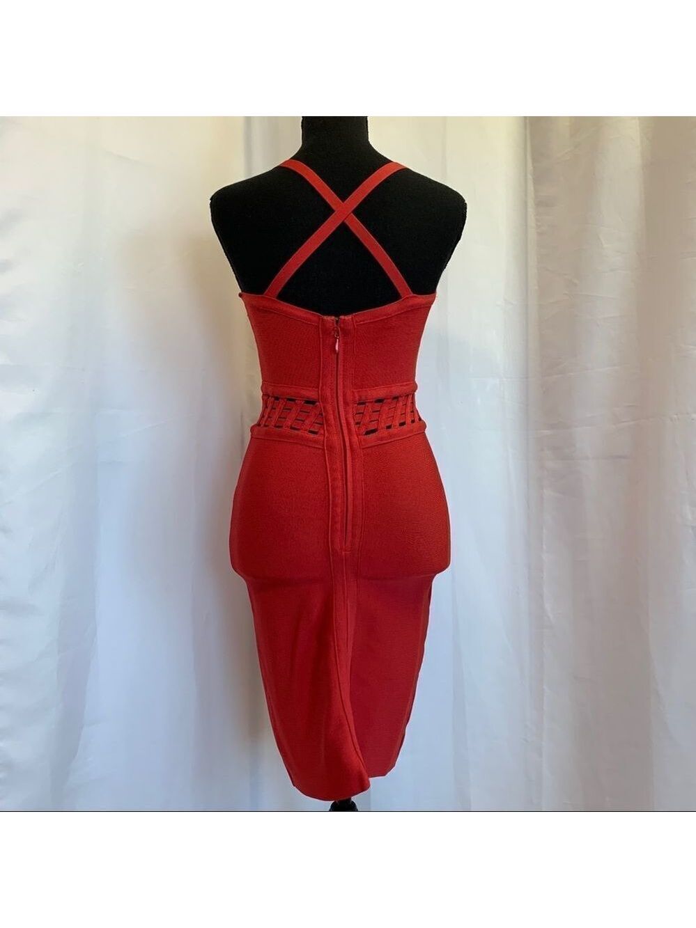 BEBE Red Bandage Bodycon Dress With Caged Waist Detail Sz M - Picture 4 of 12